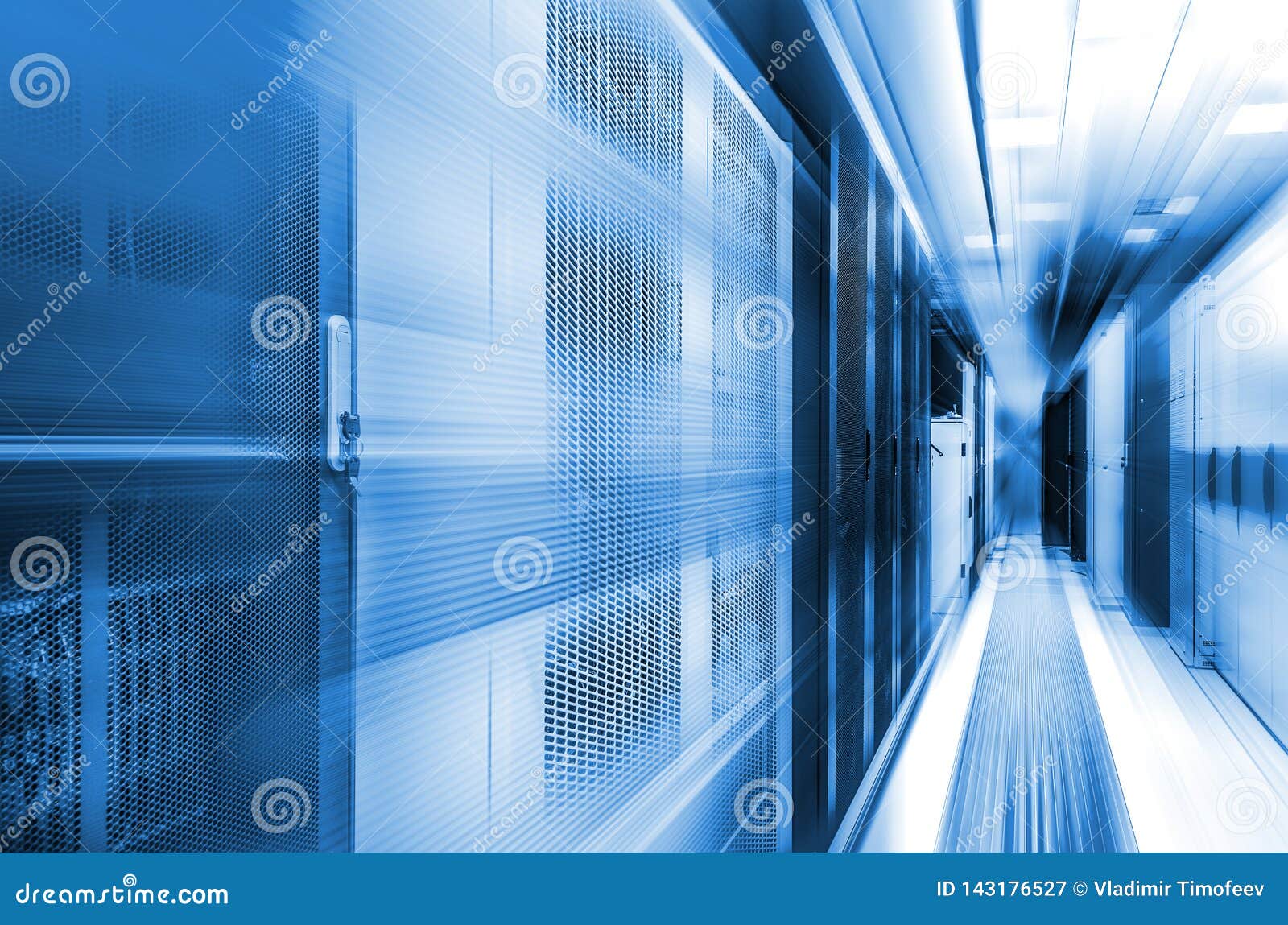 concept of high-speed computing of modern computing technologies and data centers. server room with flow tracers on top