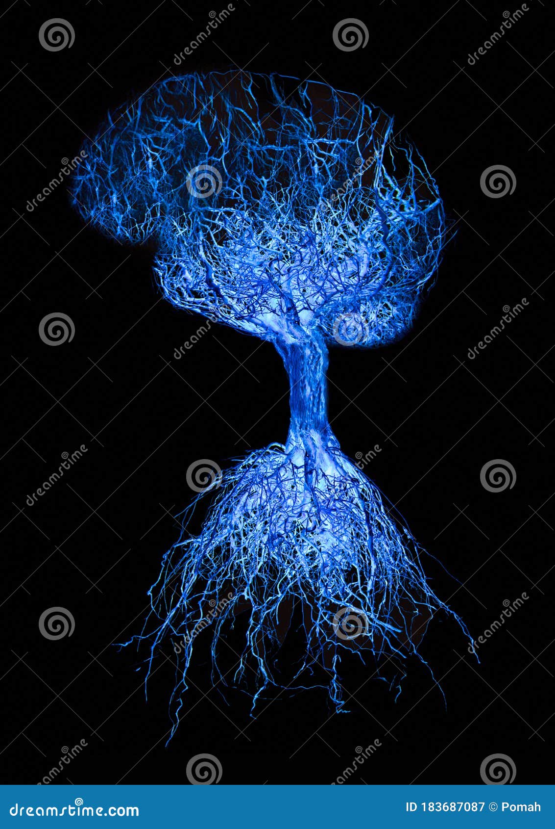 concept human brain with blue glowing connection made from roots of tree on black background