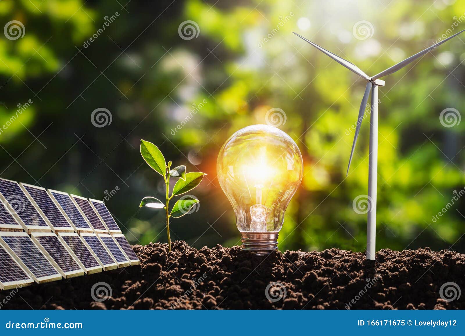 concept idea clean energy in nature. lightbulb with solar panel and wind turbine on soil