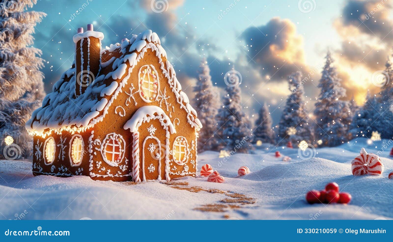 christmas snowy landscape with gingerbread house decorated with icing and lights.