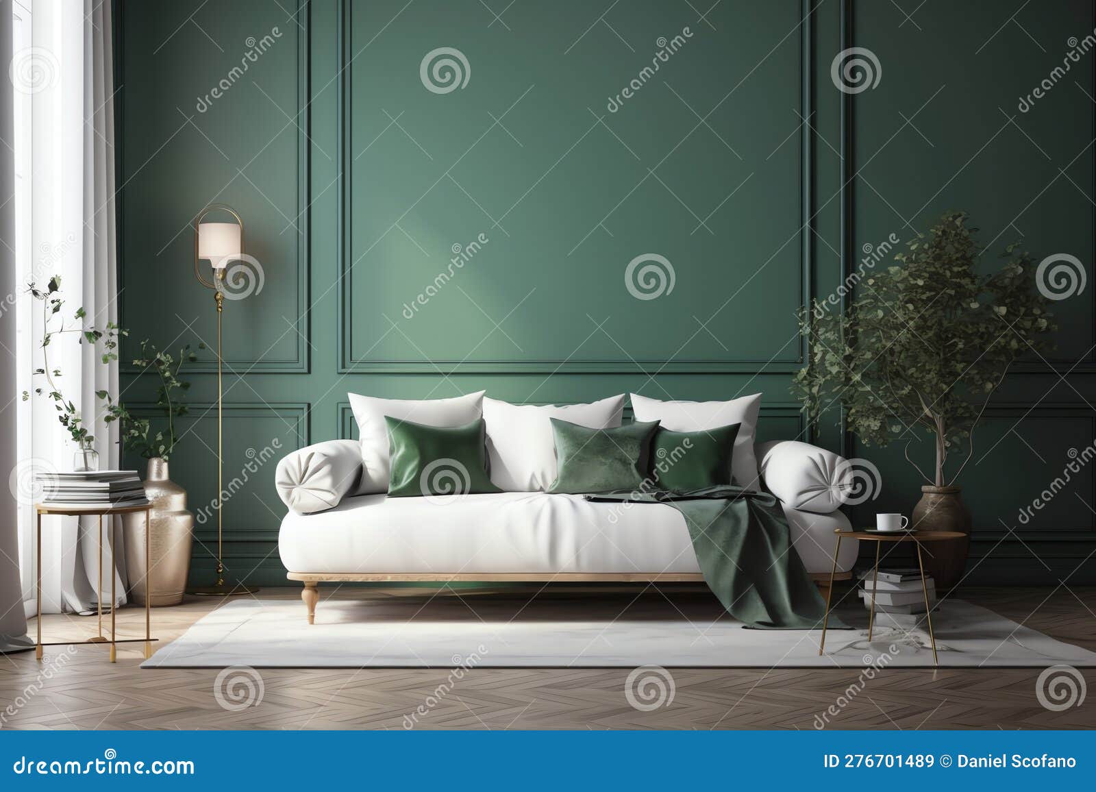 Interior with White Sofa and Green Pillows. Generative AI Stock