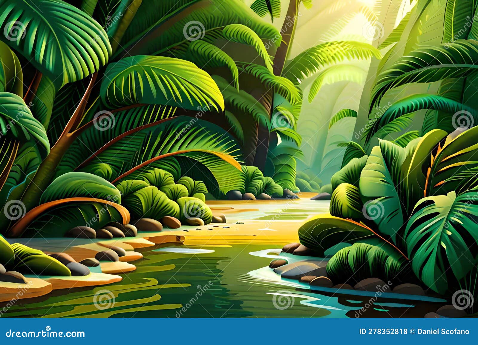 intricate beauty of rainforest, jungla, tropical forest with big monstera leaves, stunning green horizontal backgro. generative ai