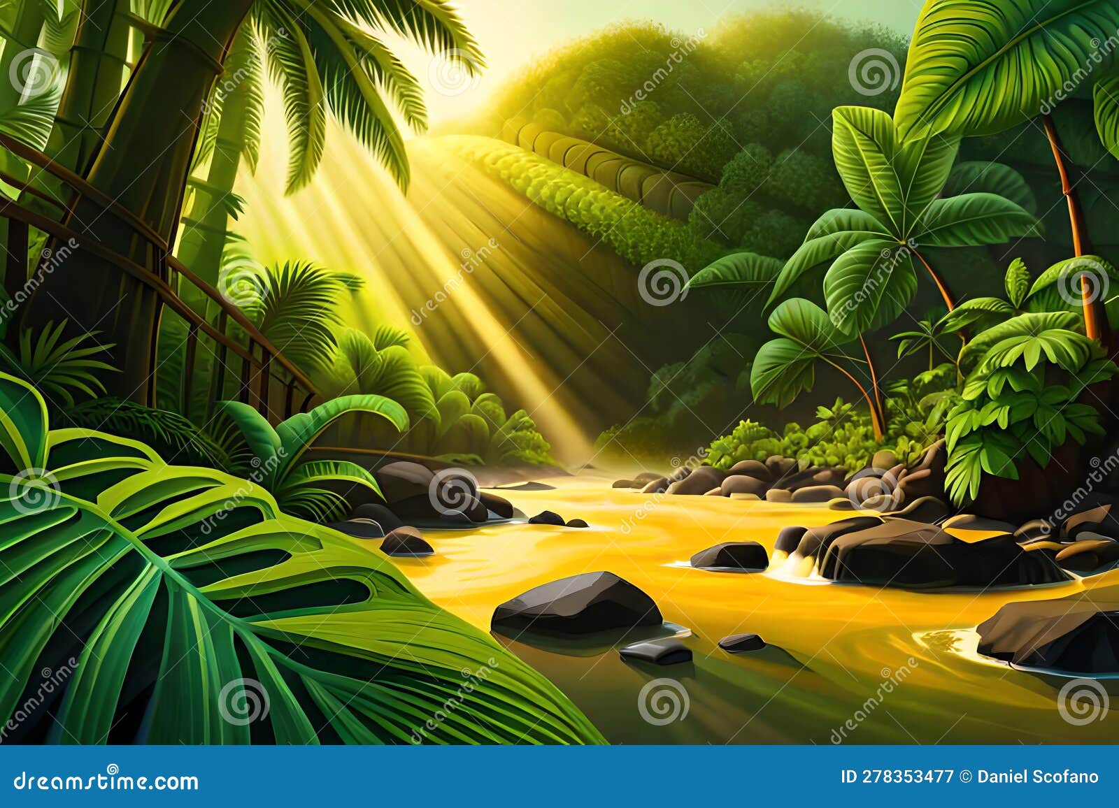intricate beauty of rainforest, jungla, tropical forest with big monstera leaves, stunning green horizontal backgro. generative ai