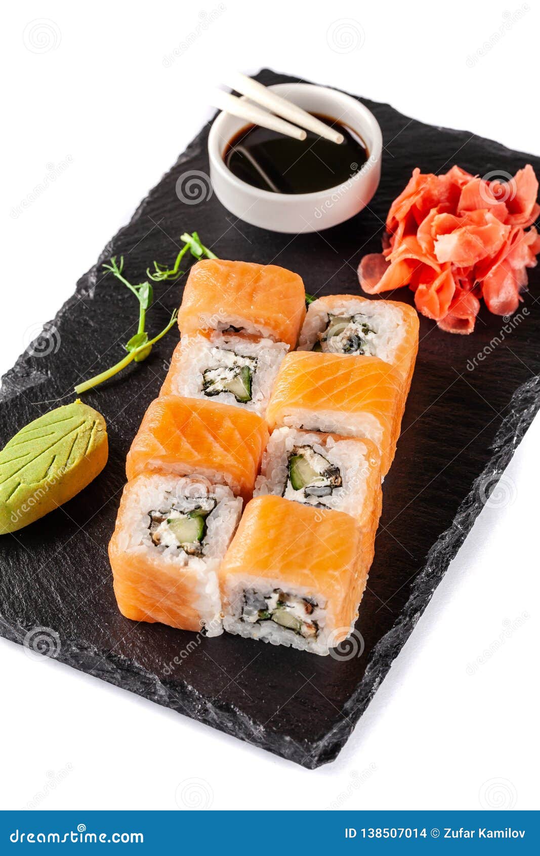 The Concept Of Japanese Cuisine. Rolls With Salmon, Feta ...