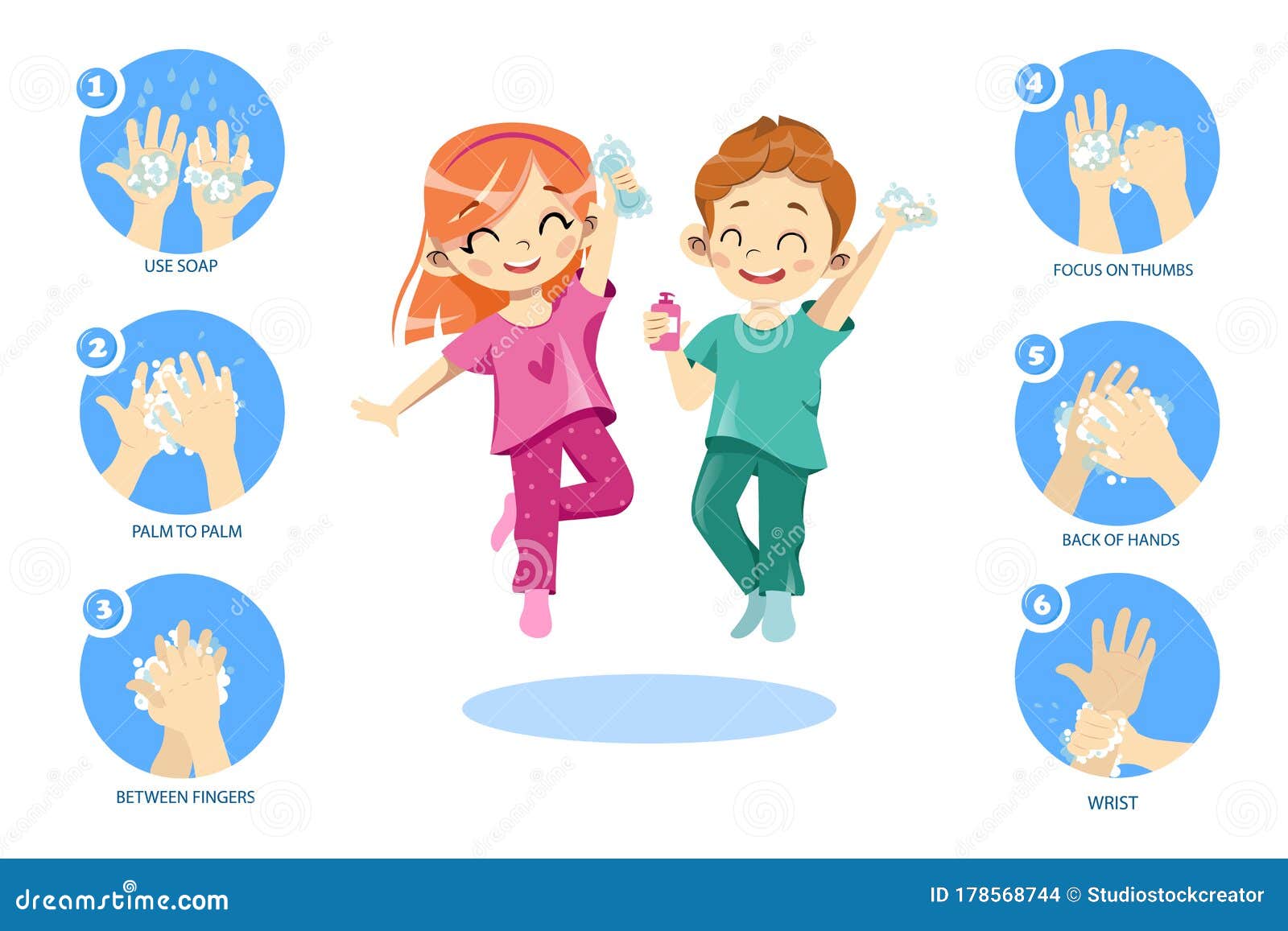 concept of kids personal hygiene. infographic icons with rules showing how to wash hands properly. happy children boy