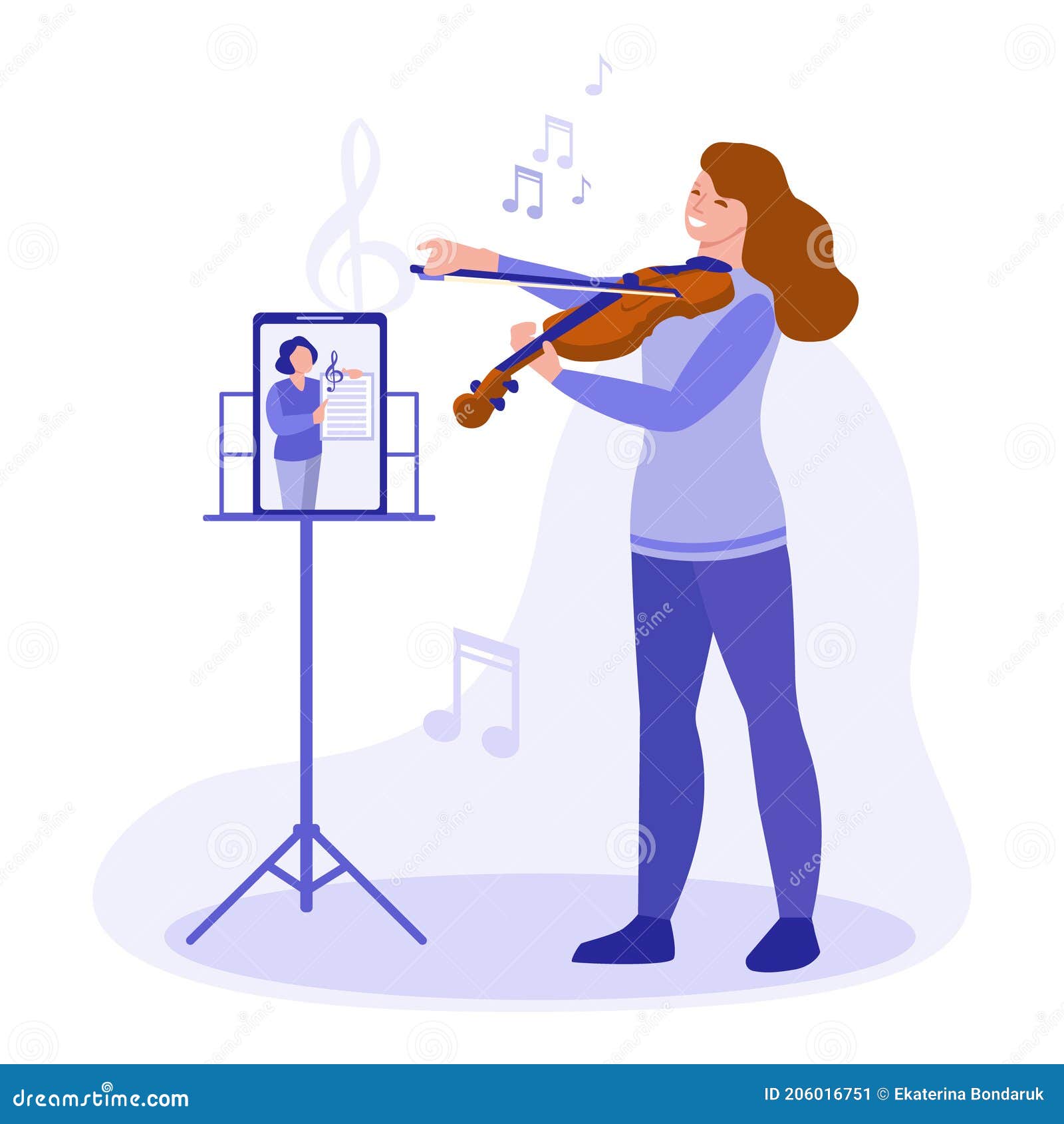 The Concept of Learning To Play the Violin Online. Girl Playing Violin and Watching a Lesson on a Tablet Stock Illustration - Illustration of instrumental: 206016751