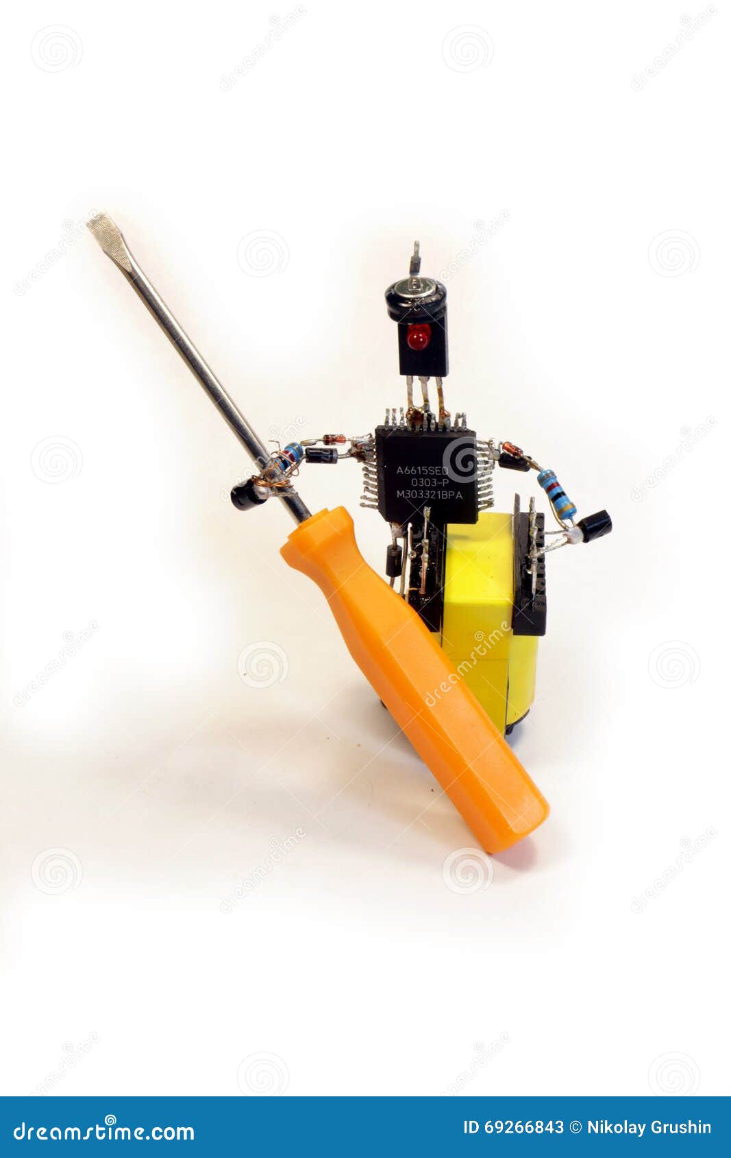 The Concept Man with a Screwdriver of Electronic Components Stock