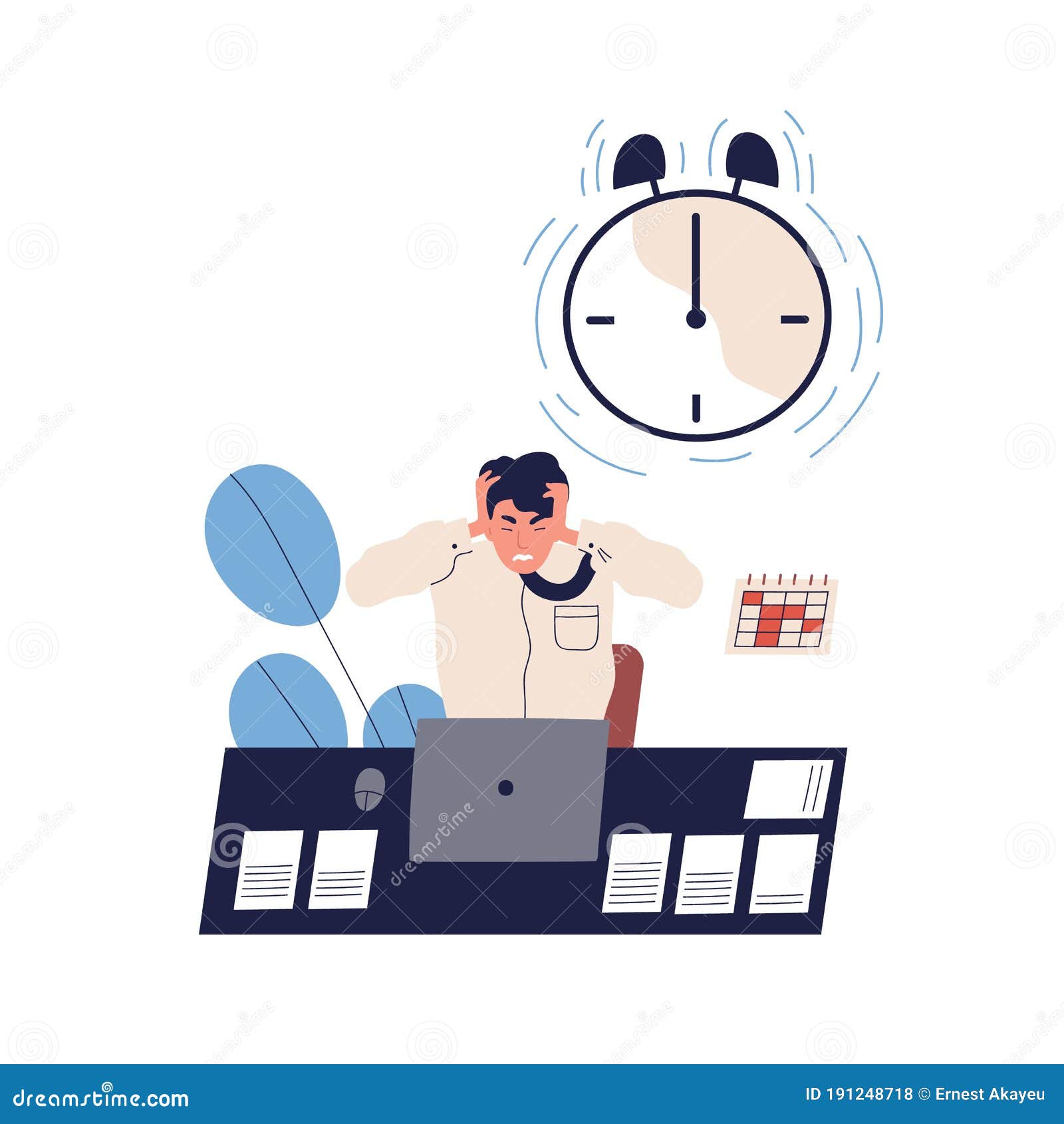 concept of missing deadline, bad time management. scene of tired, furious, stressed man clutch head, alarming clock