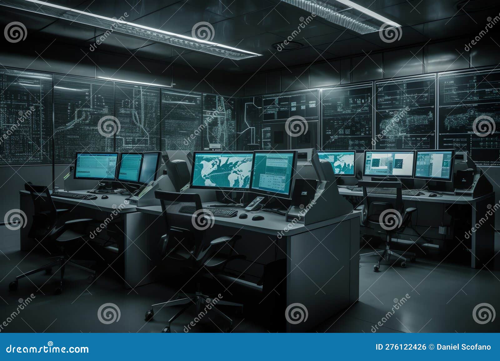 Modern Control Room, Multiple Personal Computer Monitors Showing Coding ...