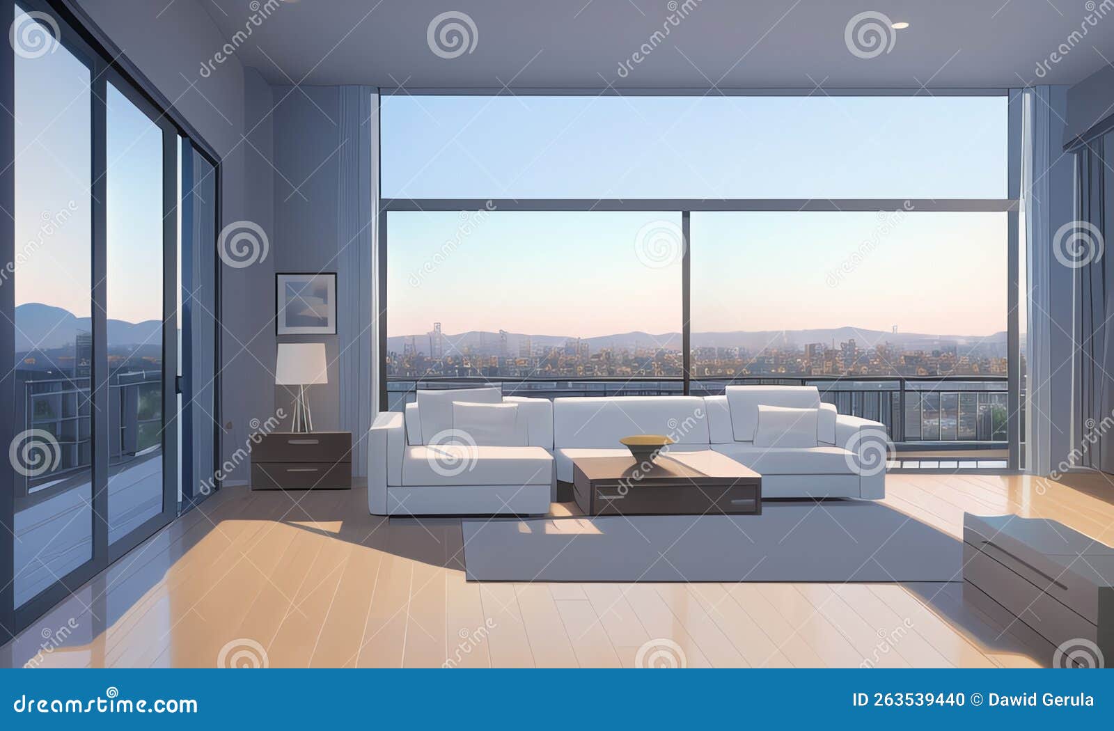 Concept of Modern Living Room during Day with Furniture and Big Windows  View on Town in the Background Anime Style Digital Stock Illustration   Illustration of window interior 263539440