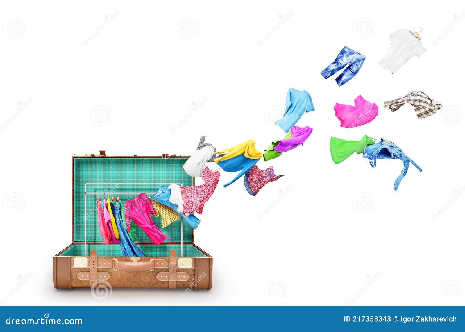 The Concept of Moving. Clothes Fall Off a Hanger in an Open Suitcase