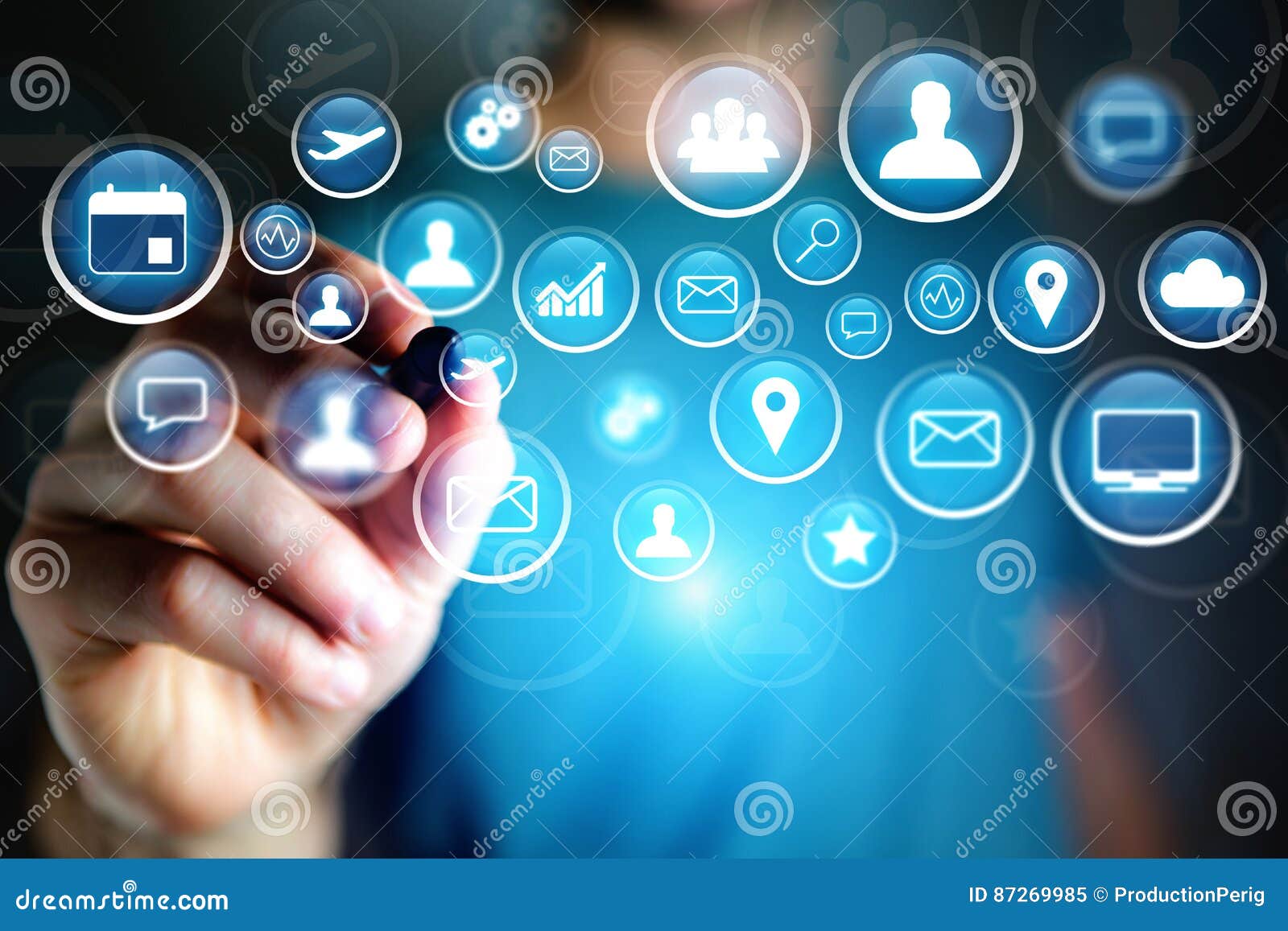 concept of multimedia icon flying over device on a technology in