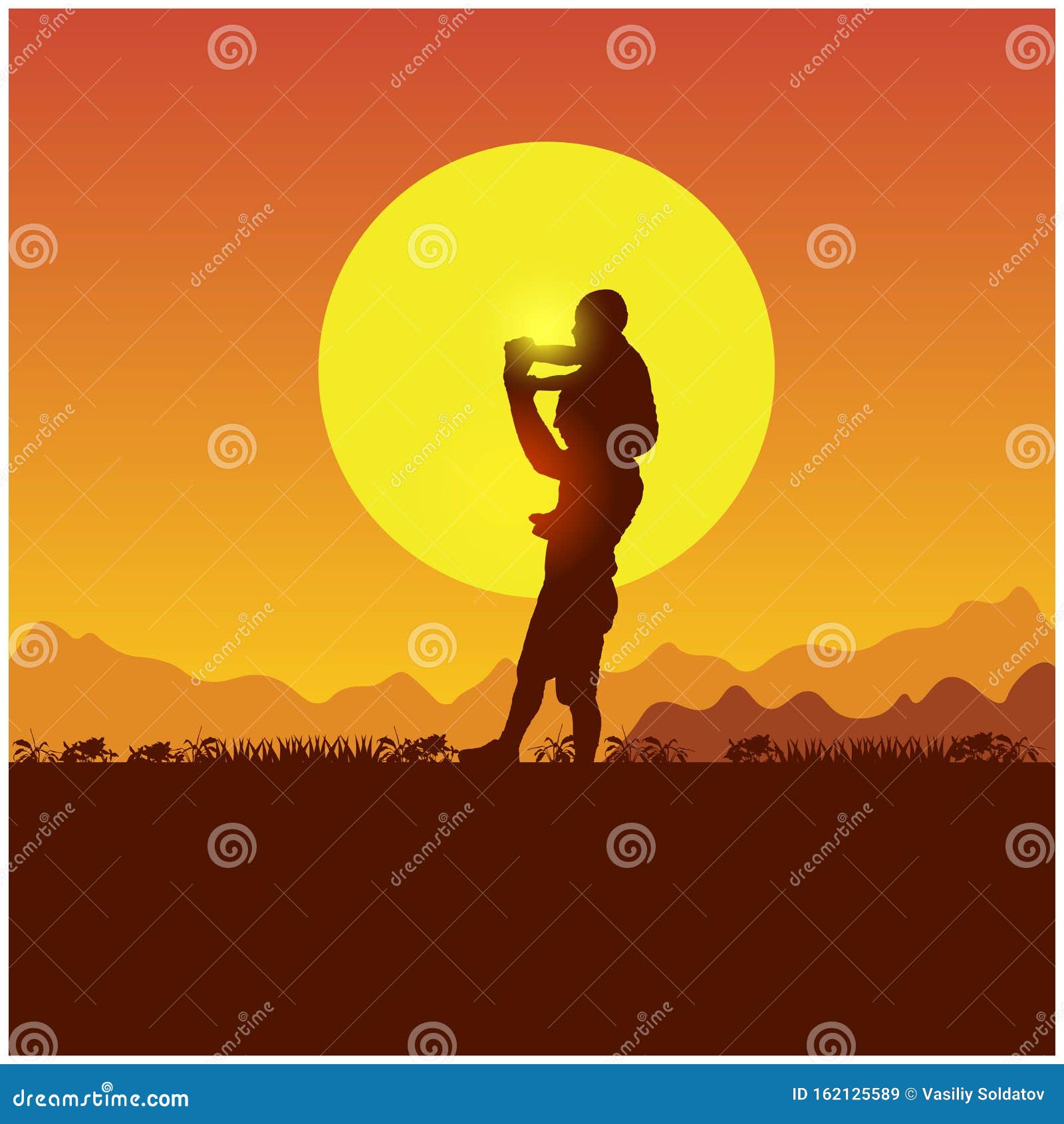 Concept of Mountains, Hills and Sunset. Summer Travel with a Child. Father and Son Camping. Silhouette of the Su Stock Vector - Illustration of male, 162125589