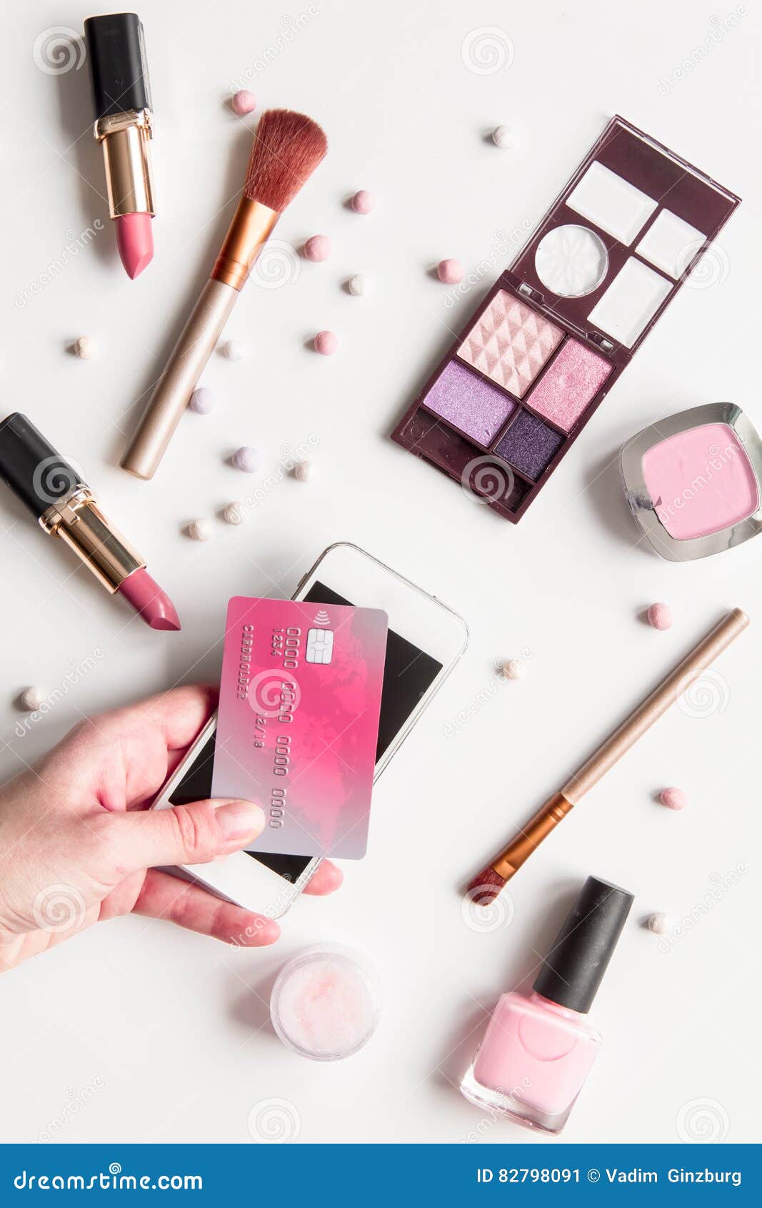 Concept Online Shopping Cosmetics on White Background Top View Stock