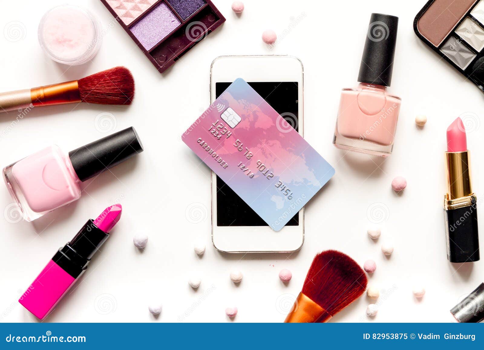 Concept Online Shopping Cosmetics on White Background Top View Stock