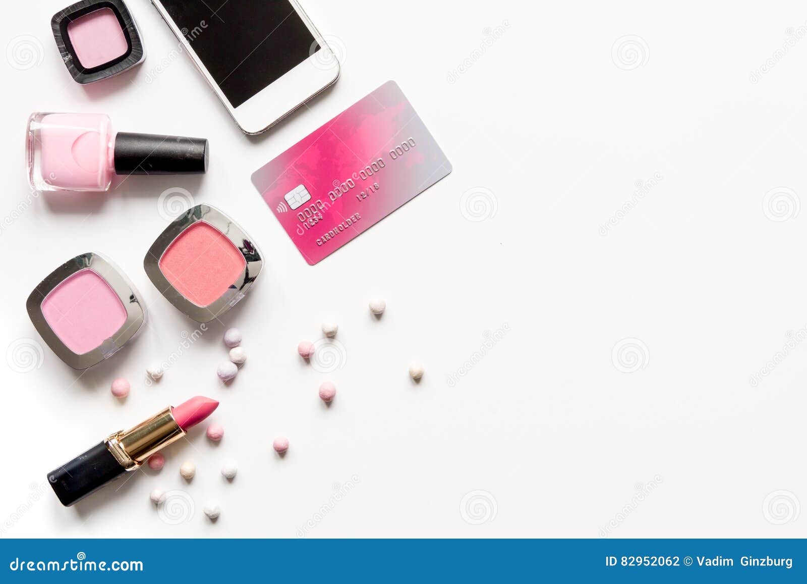Concept Online Shopping Cosmetics White Background Top View Mock Up