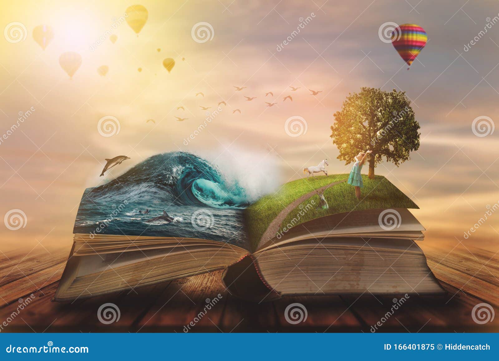 concept of an open magic book; open pages with ocean and land and small child. fantasy, nature or learning concept, with copy