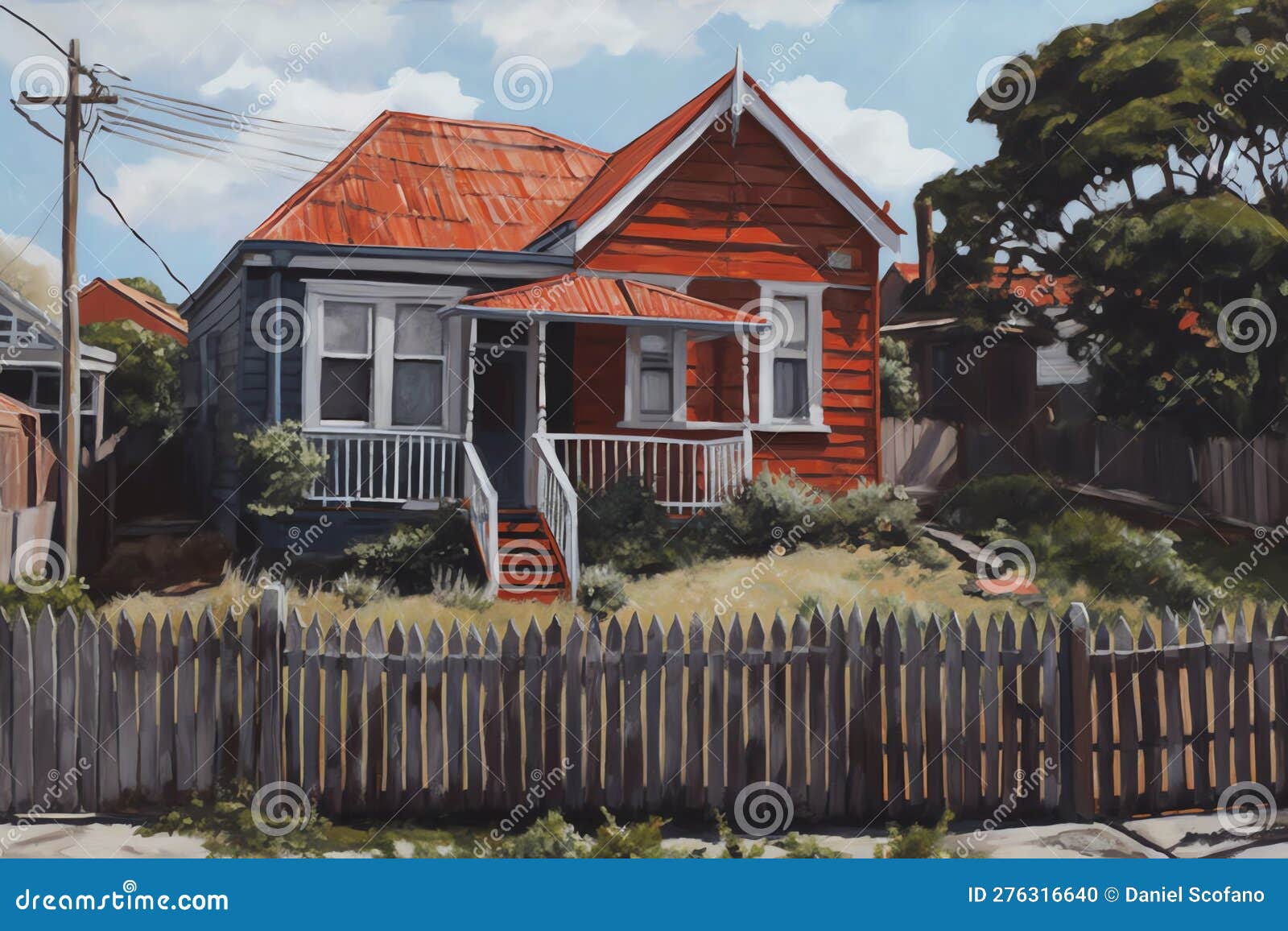 Concept of A painting of a house with a red roof and a fence in the background. Generative AI