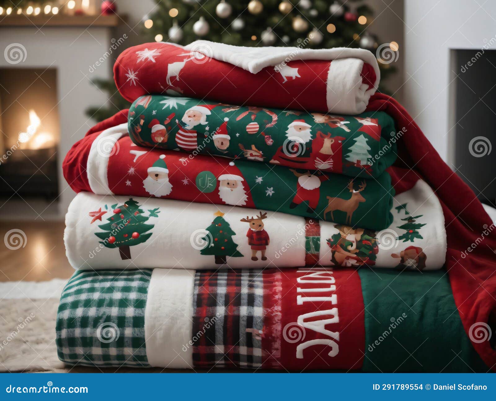 A Pile of Christmas Blankets. Generative AI Stock Illustration
