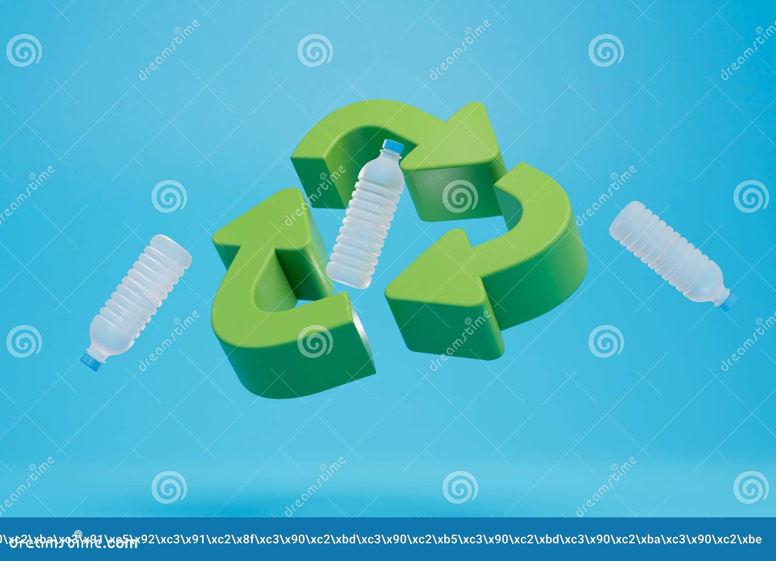 The Concept of Plastic Recycling. Large Green Recycling Icon and Empty Bottles on a Blue