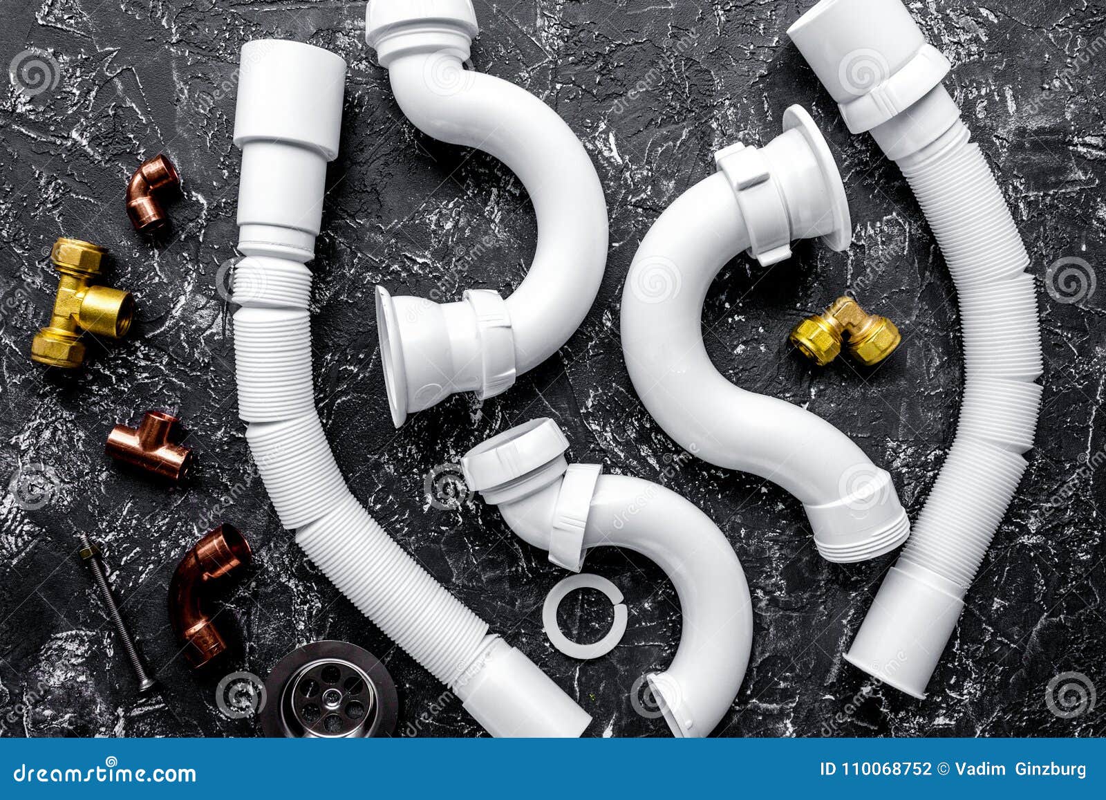 Concept Plumbing Work Top View On Dark Background Stock Photo Image