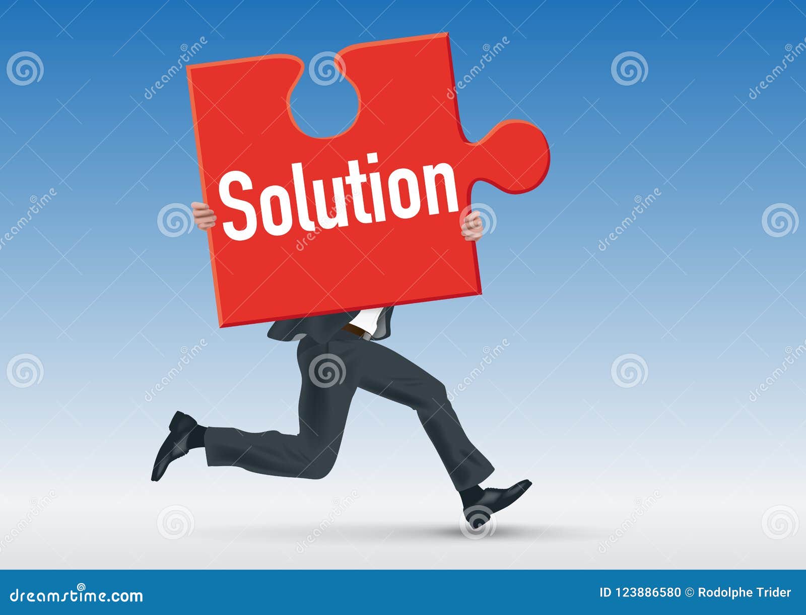 concept of the problem with a man who brings a puzzle piece on which is written the word solution.