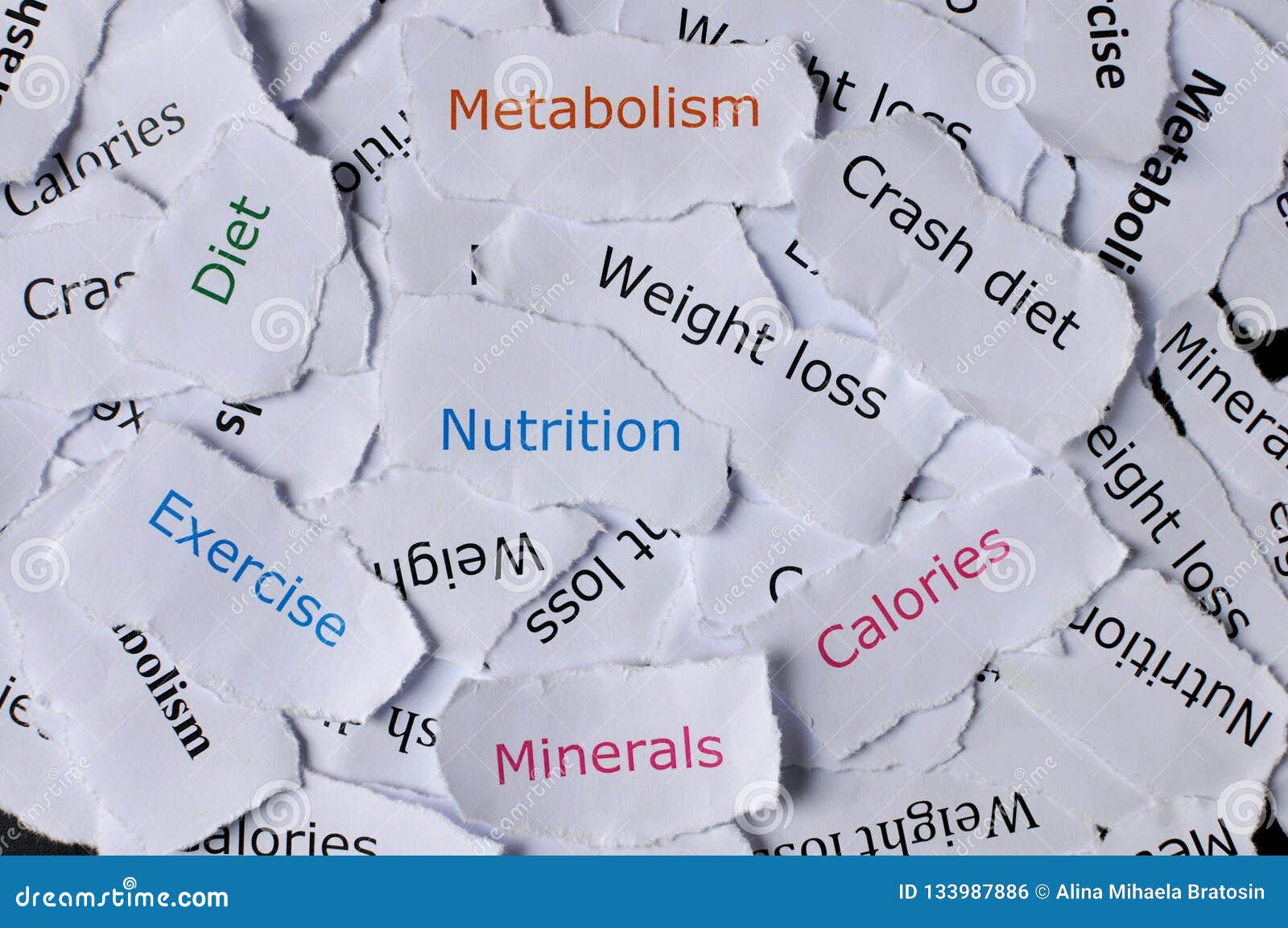 Concept of Random Papers Printed with Words Nutrition, Diet, Exercise