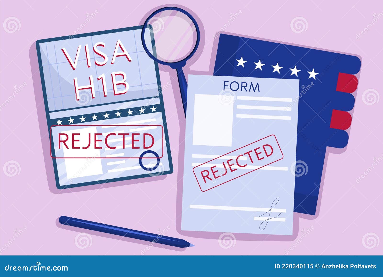 The Concept an Rejected American Work Visa, H1b. Top View, Passport