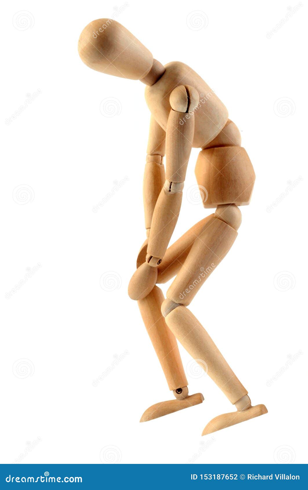 wooden mannequin with knee pain on white background