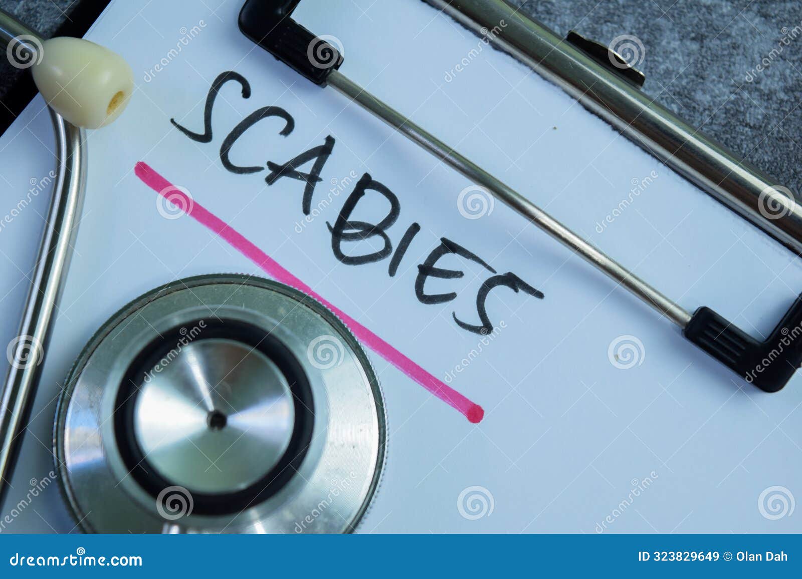 concept of scabies write on paperwork  on wooden background