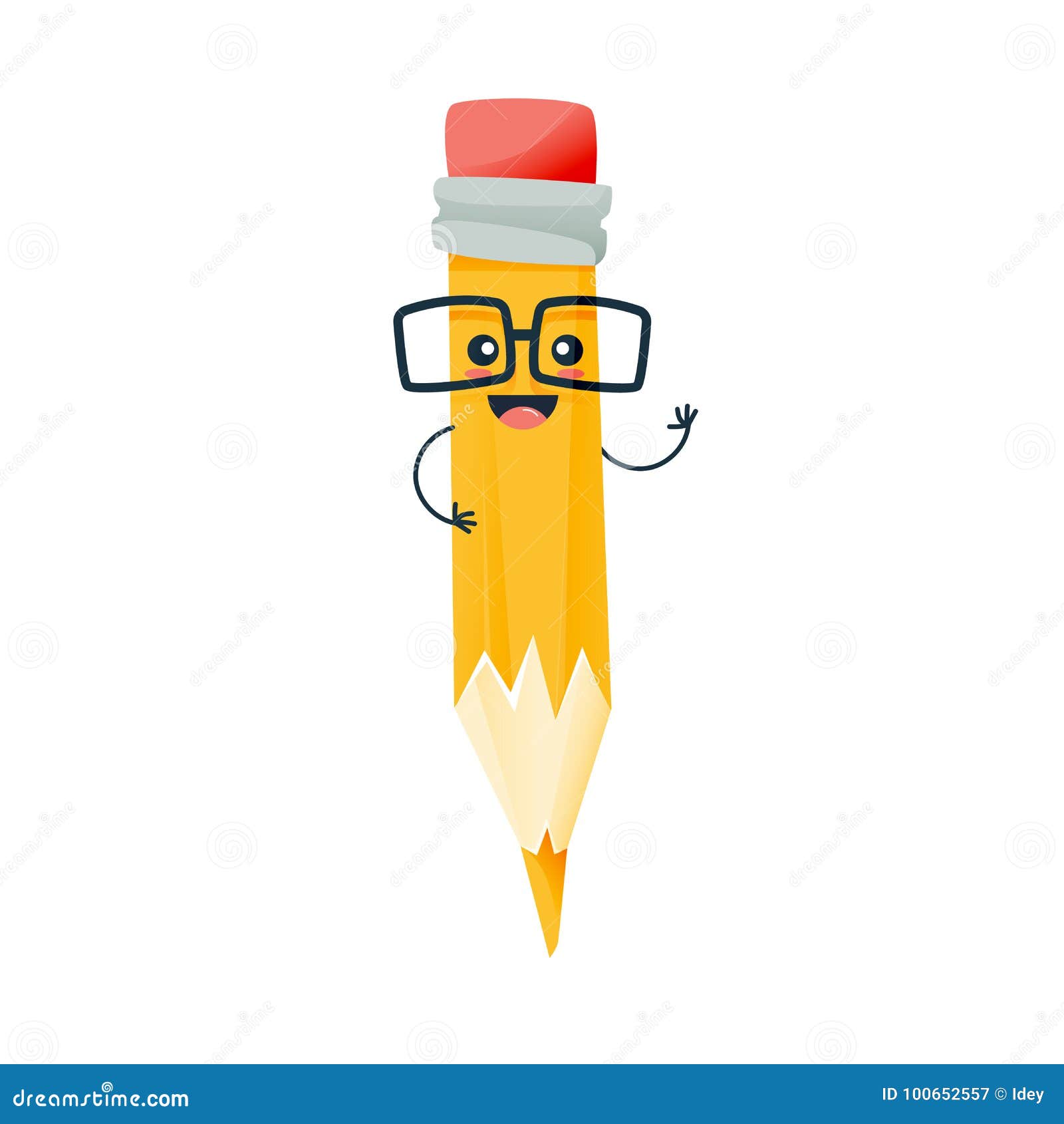 Funny Pencil in Glasses, Smiles and Raises His Hand Up. Stock Vector ...