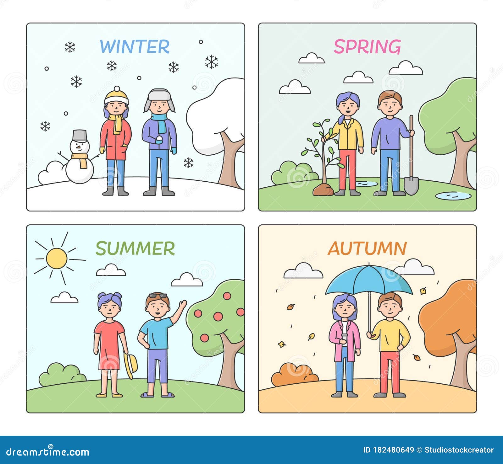 Concept of Seasons. People Leisure and Clothes According To Time of the
