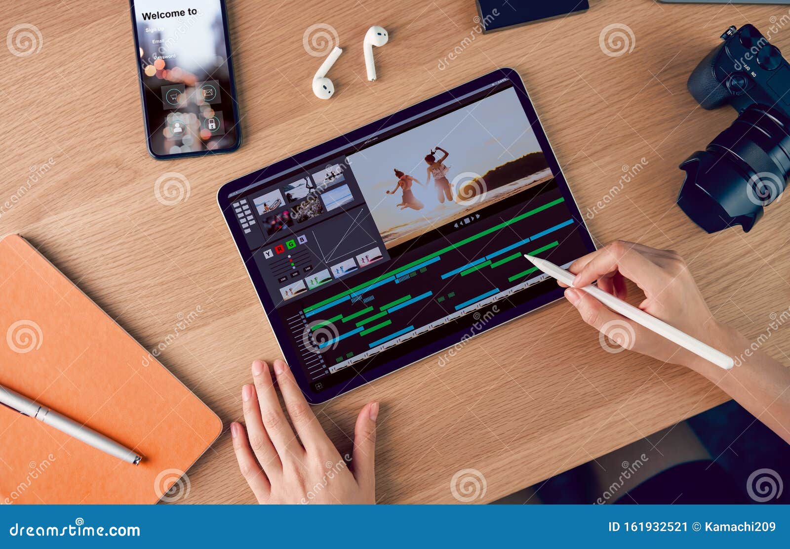 concept of simple operation of blogger and vlogger, hand using digital pen on video editor works with footage on tablet.