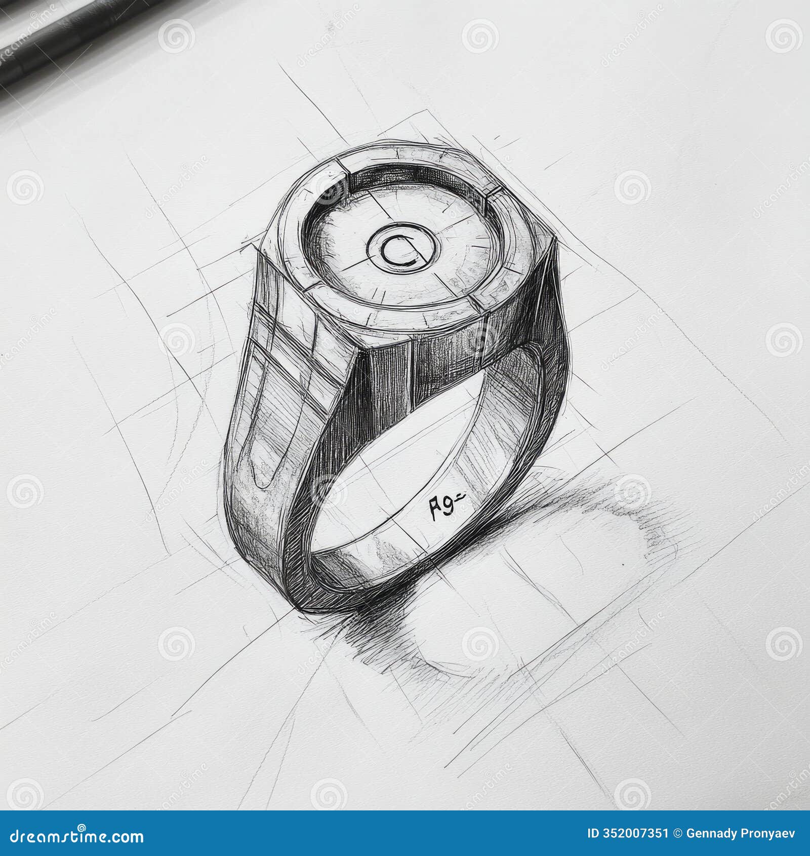 concept sketch of a unique geometric-inspired ring  in monochrome