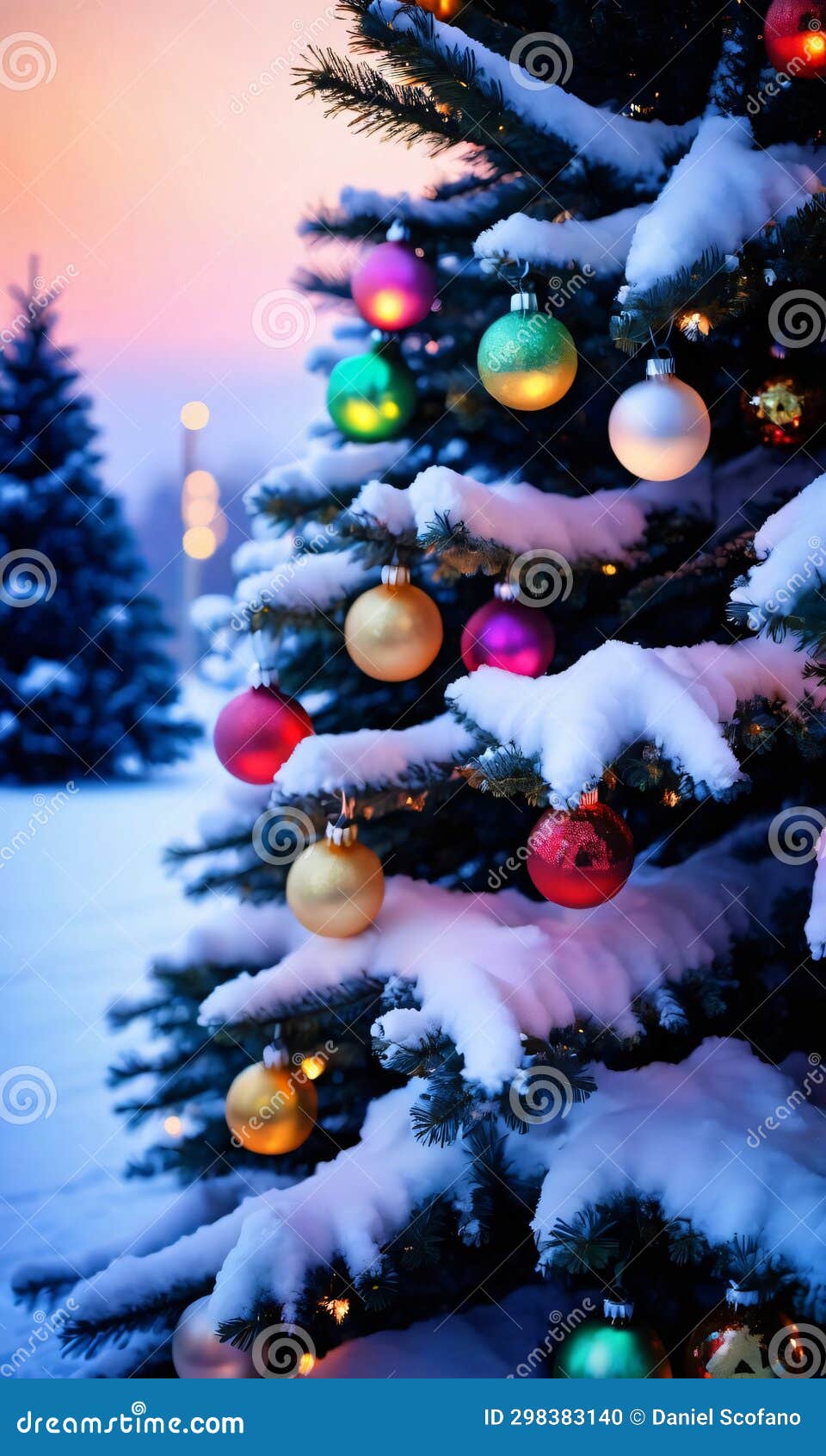 A SnowCovered Christmas Tree with Colorful Lights at Dus. Generative AI Stock Illustration