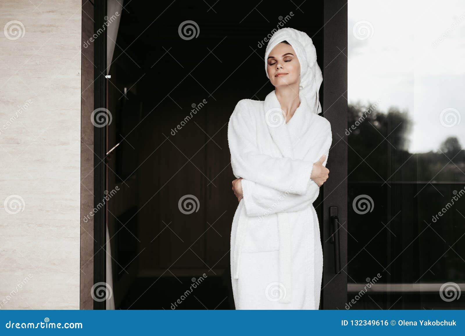 Young Woman In Bathrobe Standing On Terrace Stock Photo Image Of