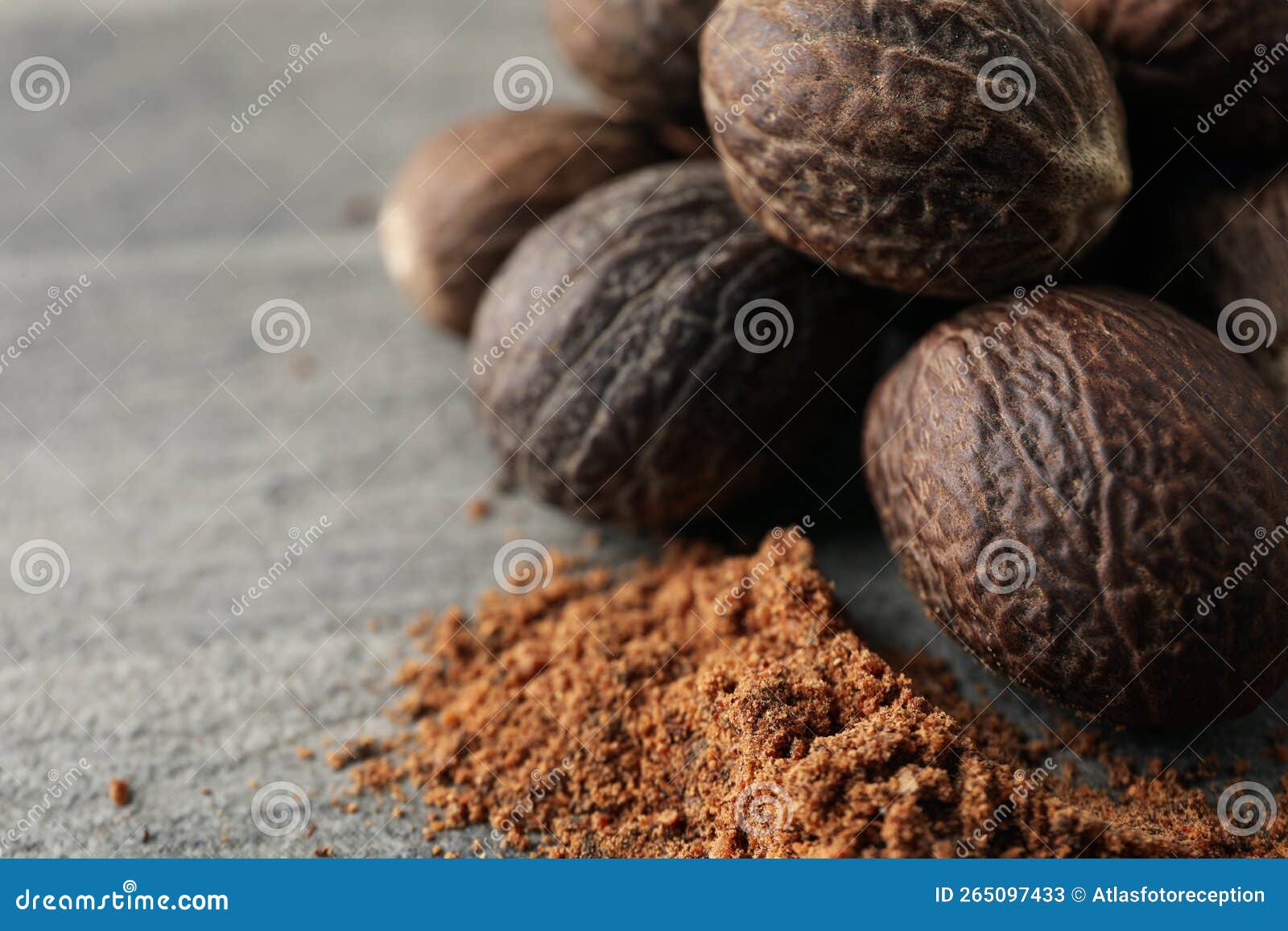 Concept of Spices and Condiments, Nutmegs, Space for Text Stock Image