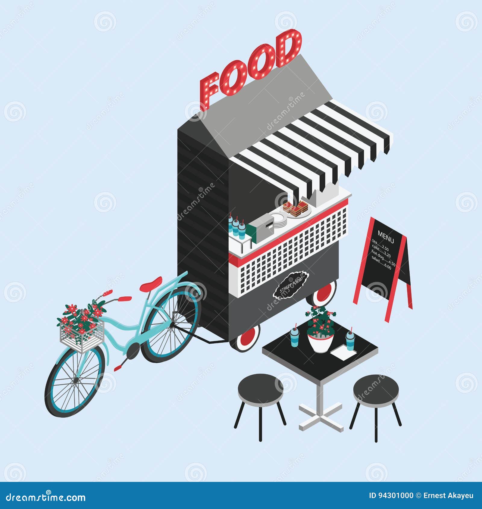 concept of street food. bicycle kiosk, foodtruck, portable cafe on wheels. isometric  with fastfood point of