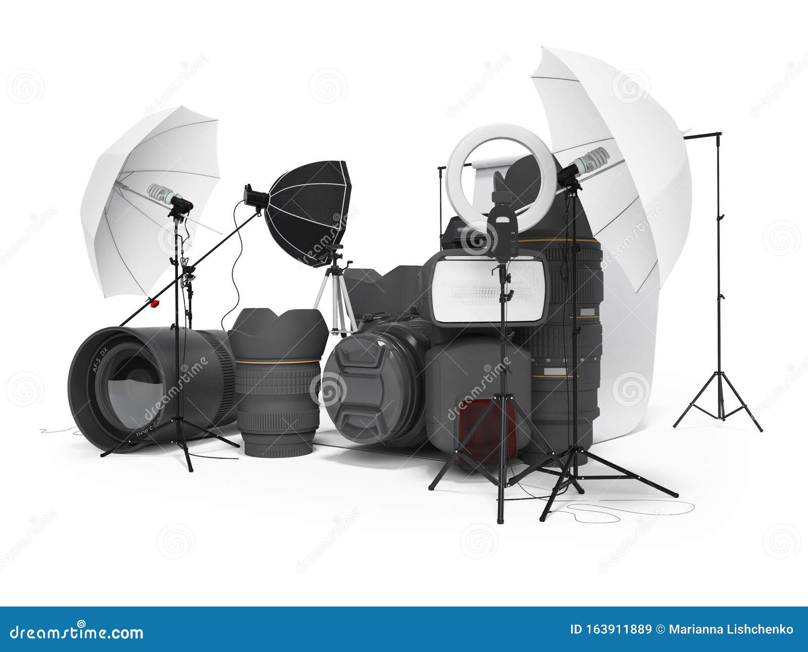 Concept of Studio Equipment Softboxes Photo Umbrella Photo Camera Photo