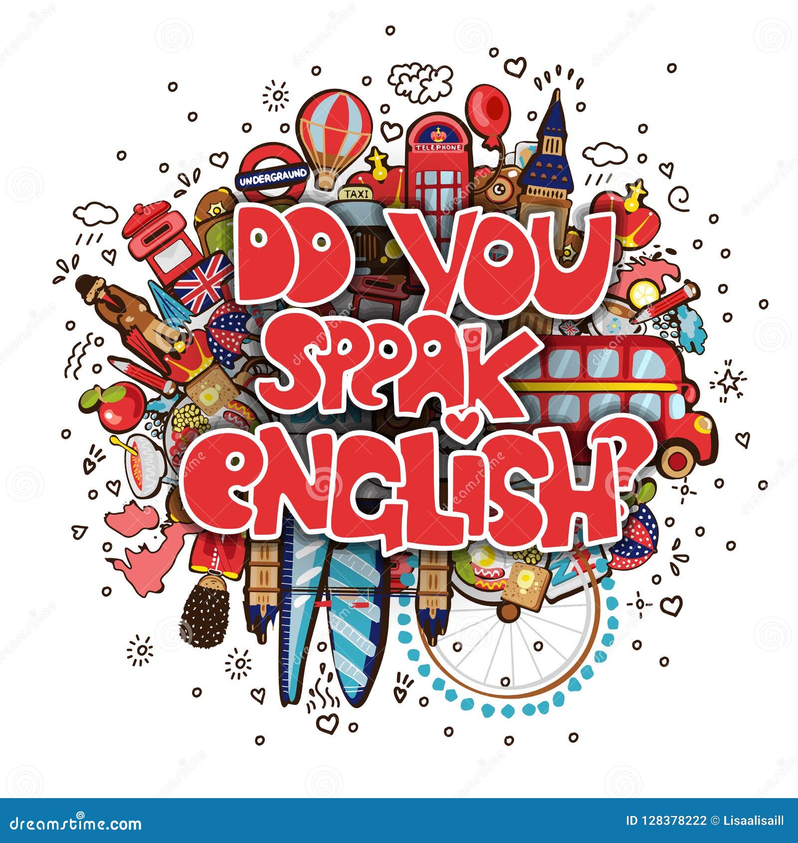 Concept Of Studying English Or Travelling Letters Do You Speak English With Set Of England Icons In Cartoon Doodle Pop Stock Vector Illustration Of Hand Banner