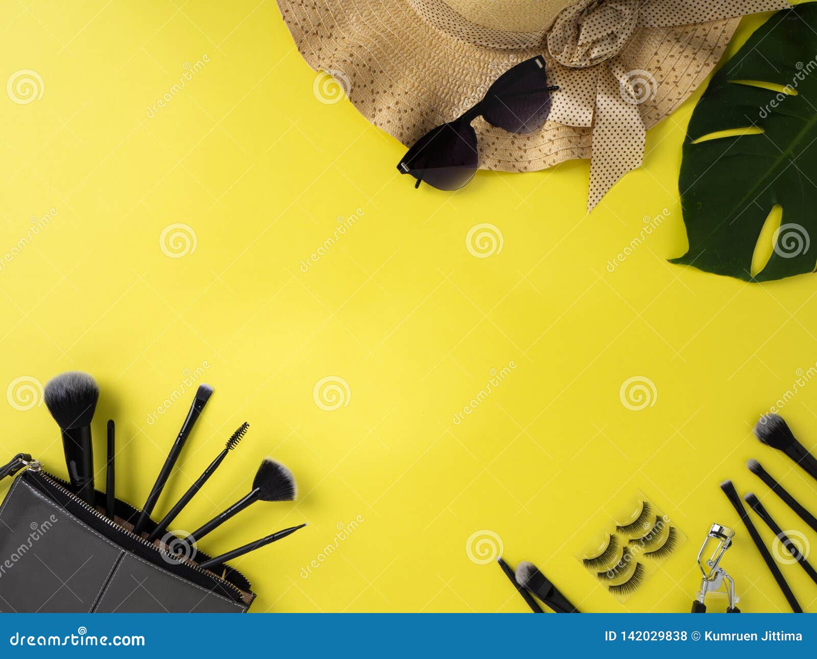 Download Makeup Bag With Variety Of Beauty Products Yellow Background Stock Photo Image Of Female Concept 142029838 Yellowimages Mockups