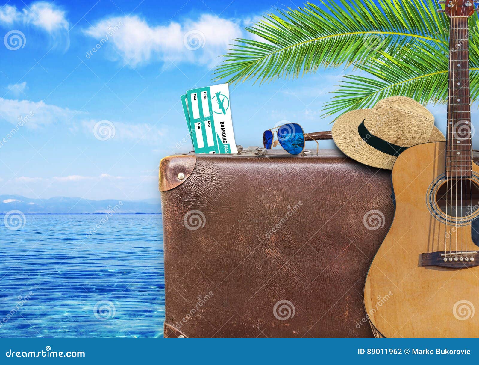 Concept of Summer Traveling with Old Suitcase and Guitar Stock Photo Image of retro, pass