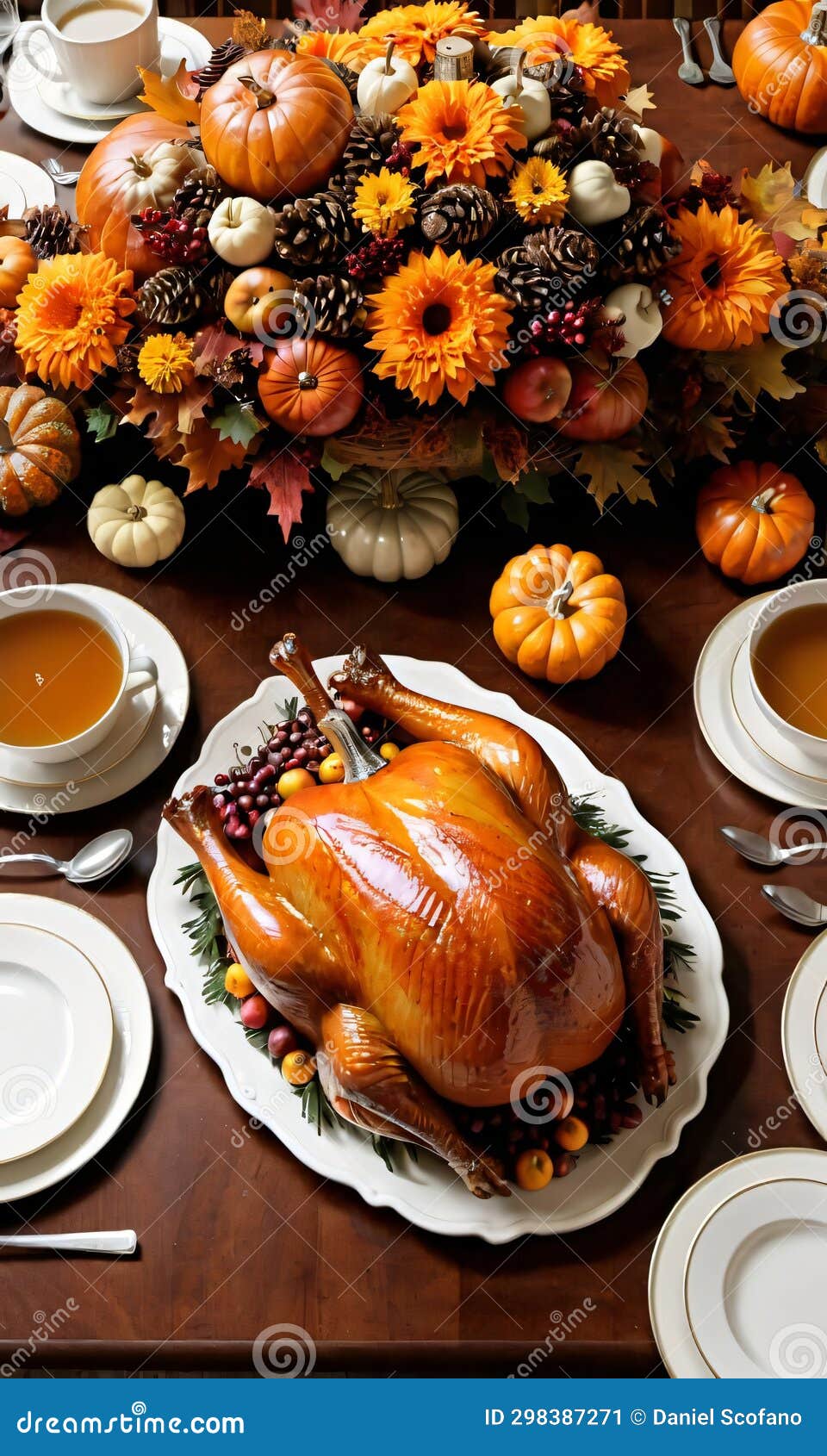 thanksgiving roasted turkey, apple cider, and a pumpkin centerthanksgiving piec. generative ai