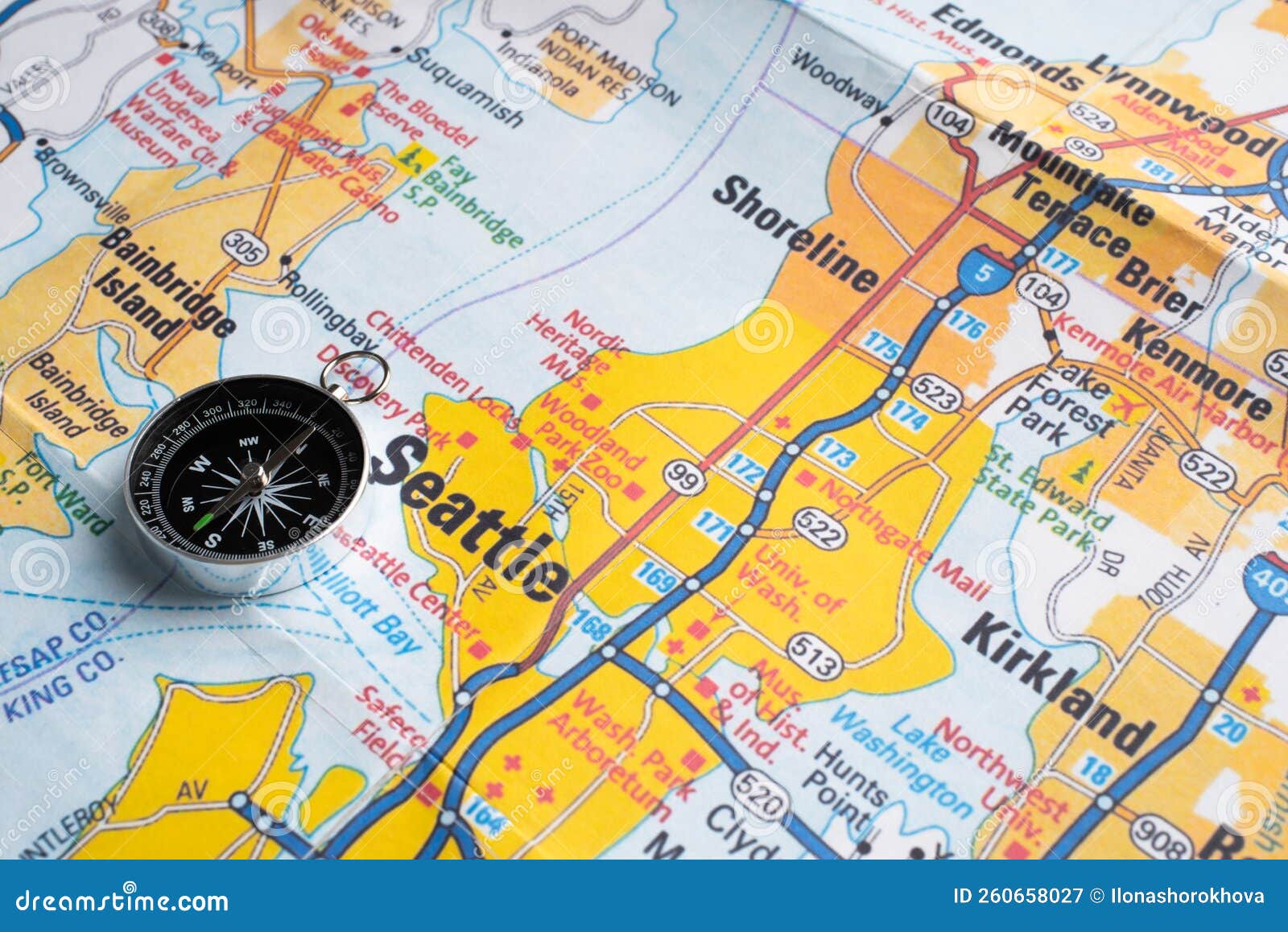 Concept of Travel. Map and Compass Stock Image Image of focus, loupe