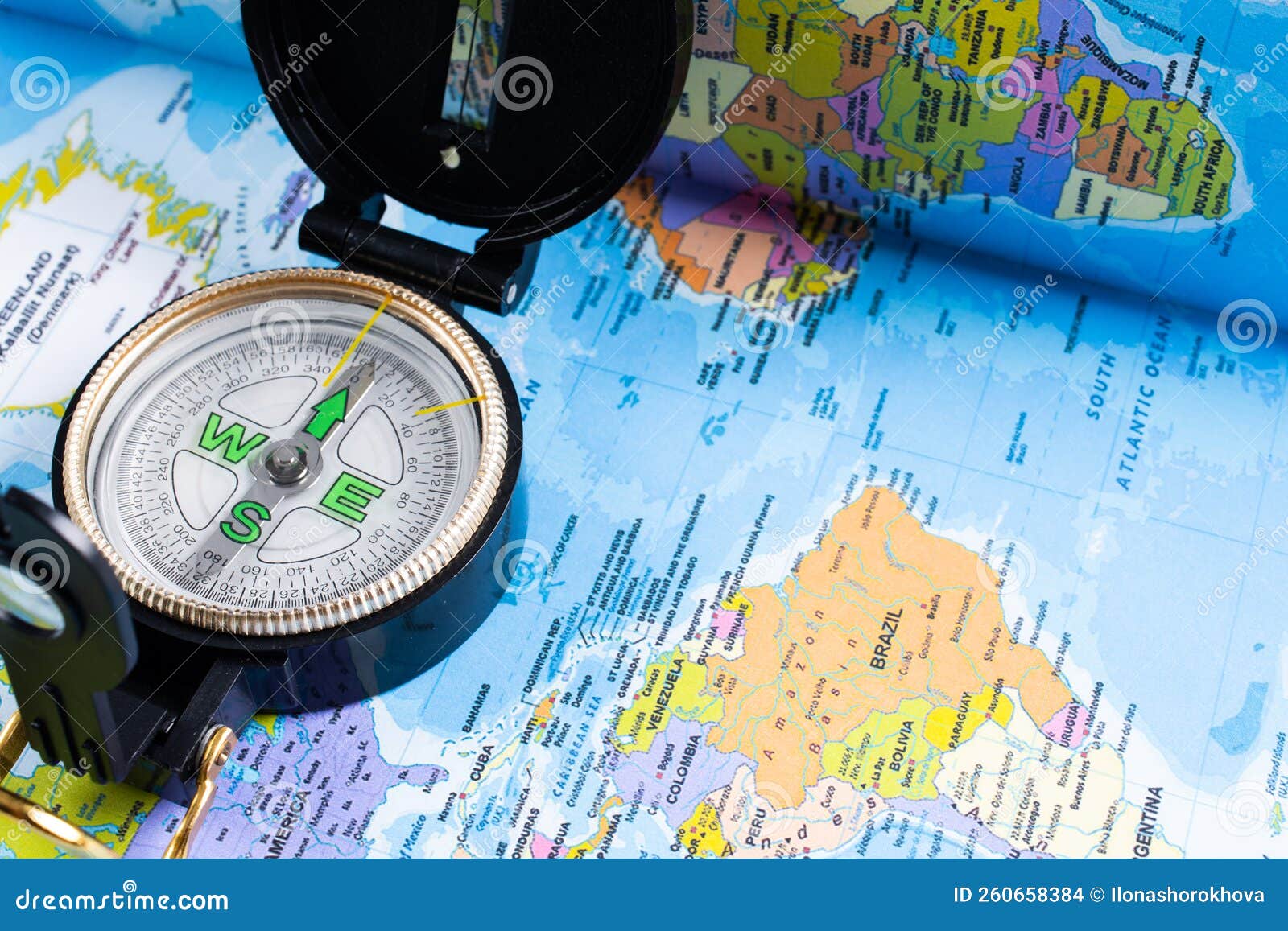 Concept of Travel. Map and Compass Stock Photo Image of focus, globe