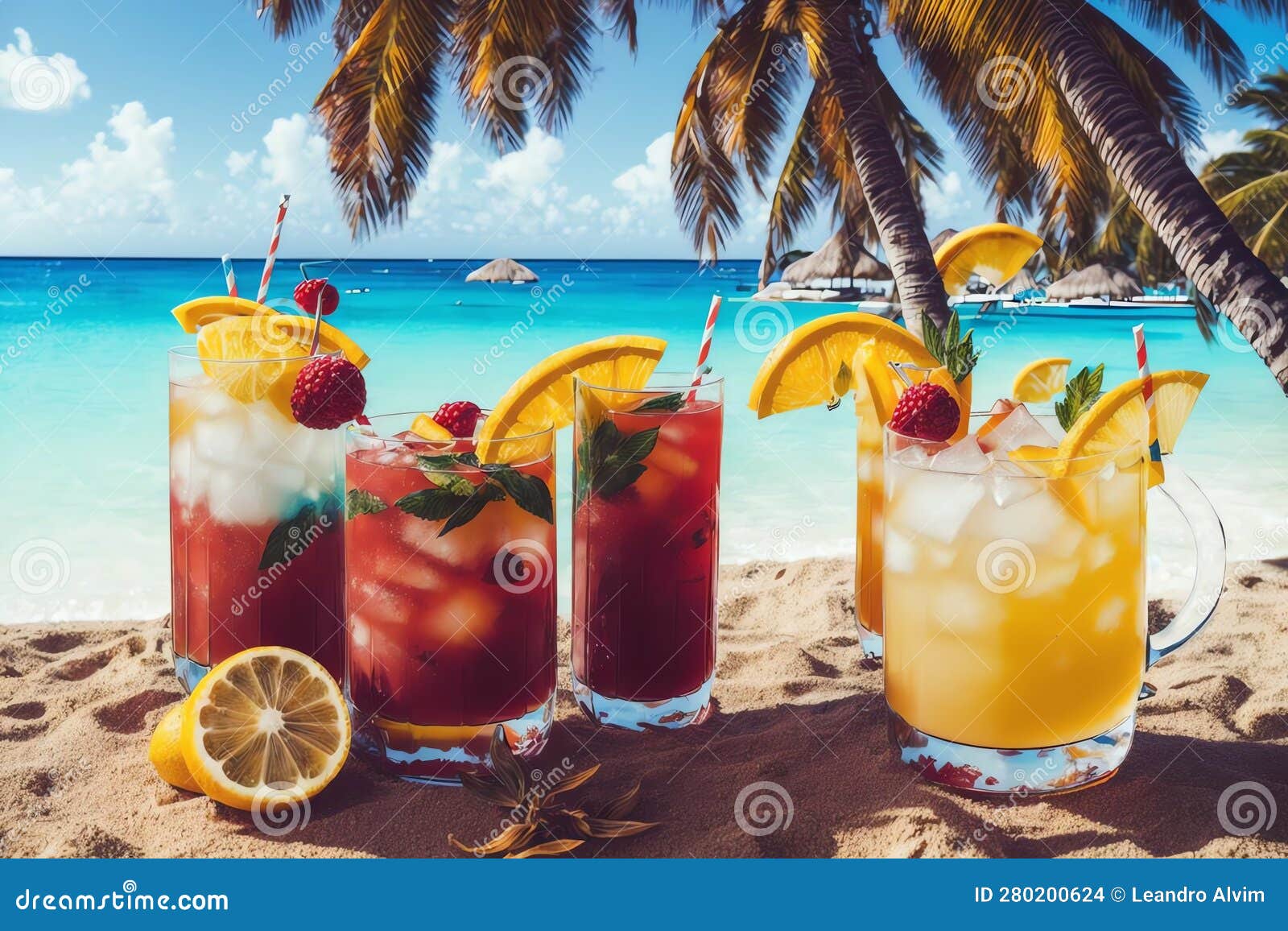Tropical Rum Cocktails on a Caribbean Beach.AI Generated Stock