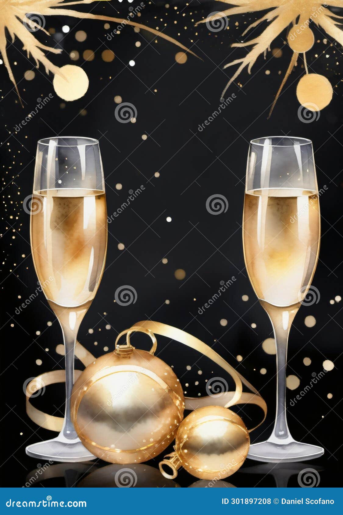 two glasses of champagne with golden decorations and golden bakgrounds on black background photo. generative ai