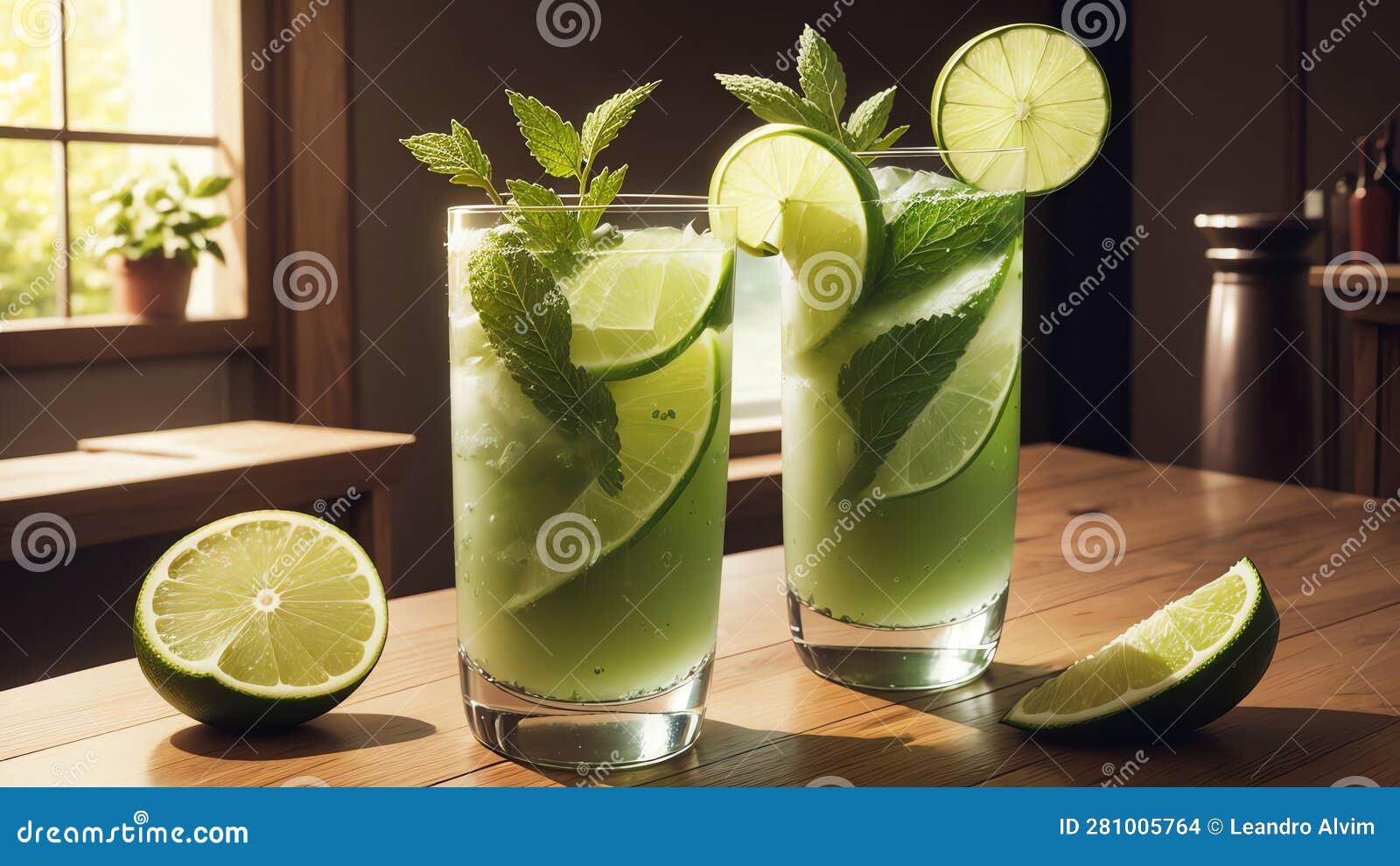 Zesty Mint Leaves Mojito by the Bar.AI Generated Stock Illustration