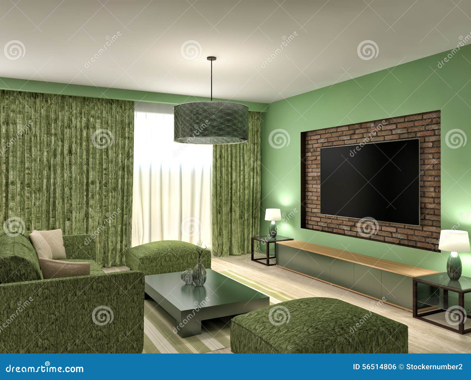 Conception intérieure de salon vert moderne illustration 3d ...