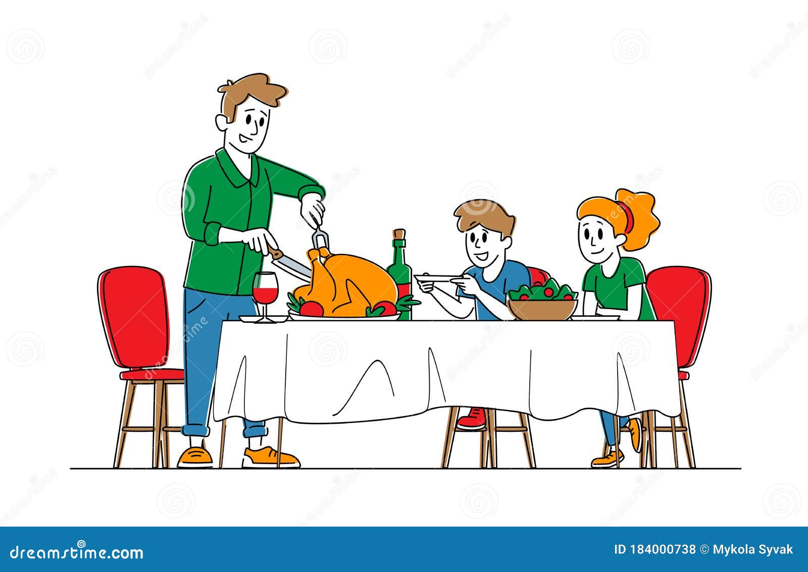 Concepto De Celebración Del Día De Acción De Gracias Feliz Padre De Familia  Y Personajes De Niños Sentados En Mesa Con Comida Y Be Ilustración del  Vector - Ilustración de banquete, cena: